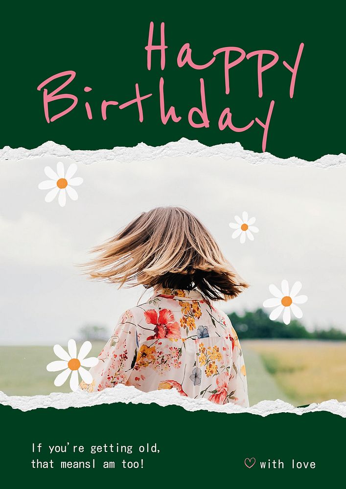 Spring birthday poster template, floral greeting card vector