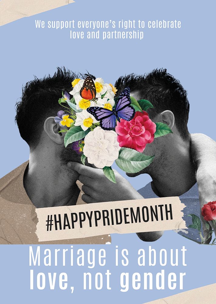Happy Pride Month poster template, aesthetic gay couple collage psd