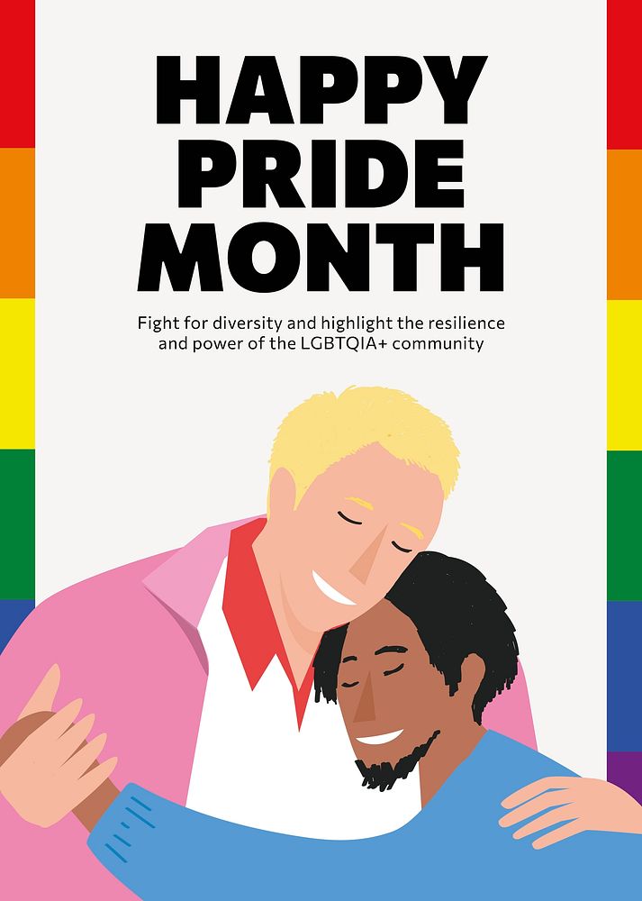 Happy Pride Month poster template, gay couple illustration psd