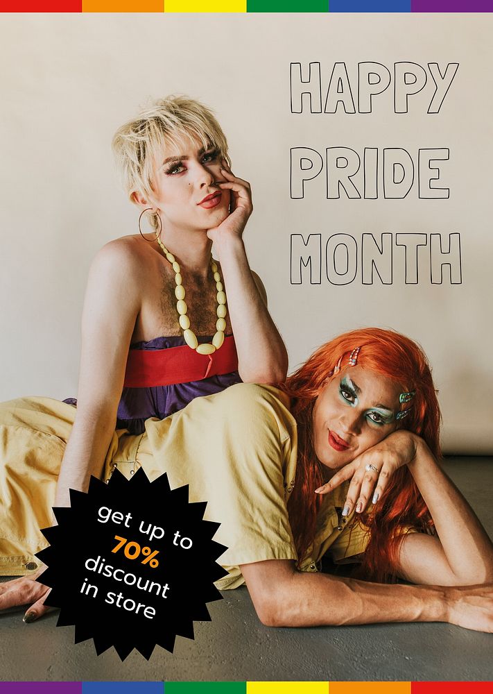 Pride month sale poster template, drag queens photo vector