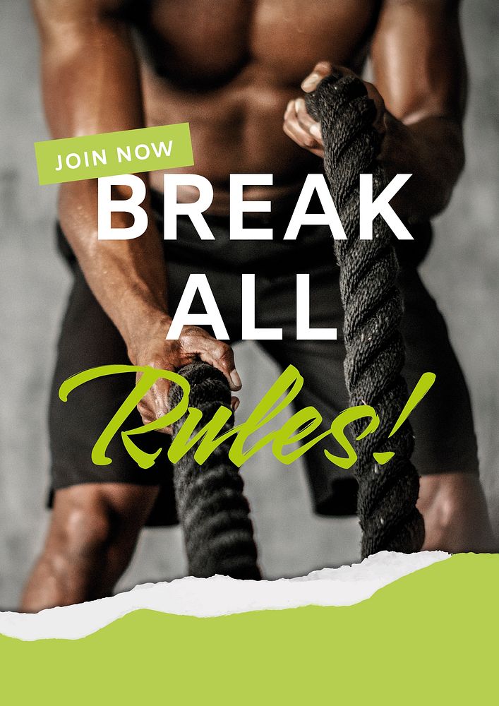 Gym ad poster template, break all rules quote vector