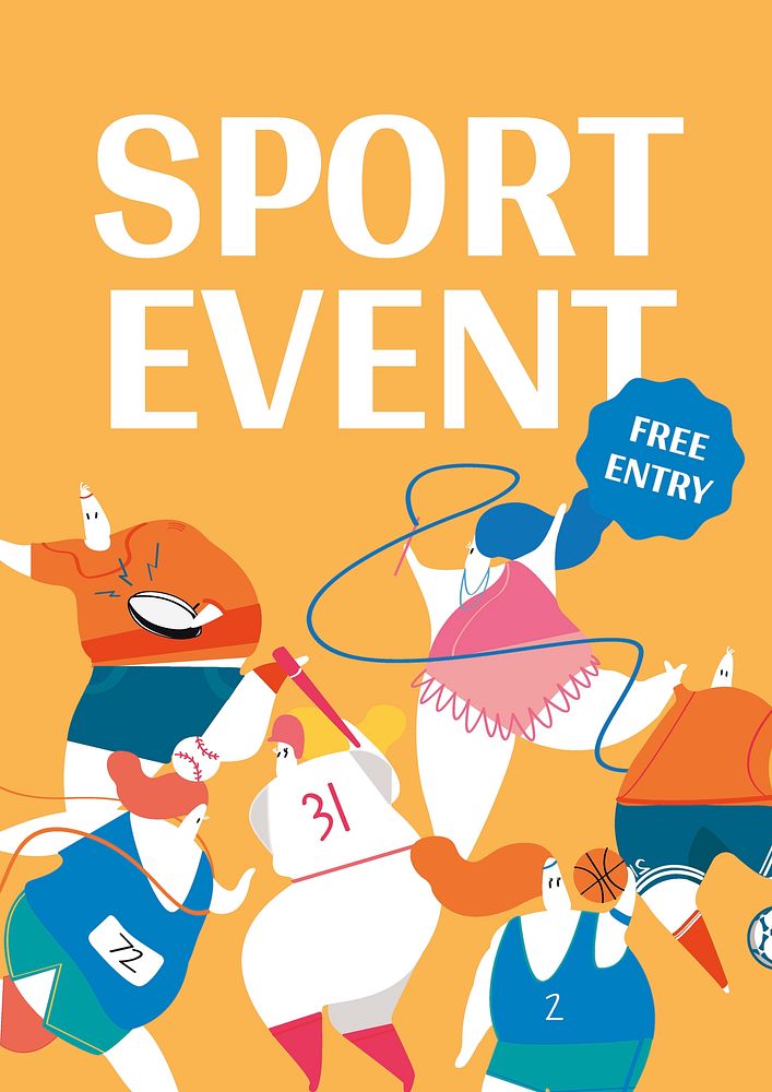 Sport event poster template, cute athlete illustration psd