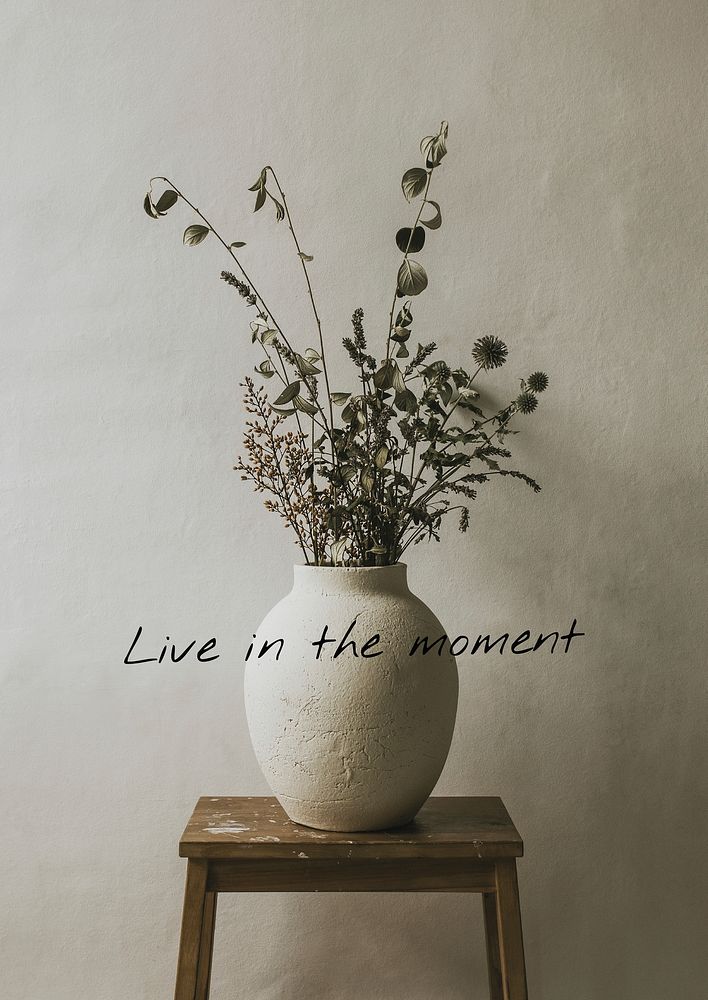 Houseplant aesthetic poster template, live in the moment quote vector