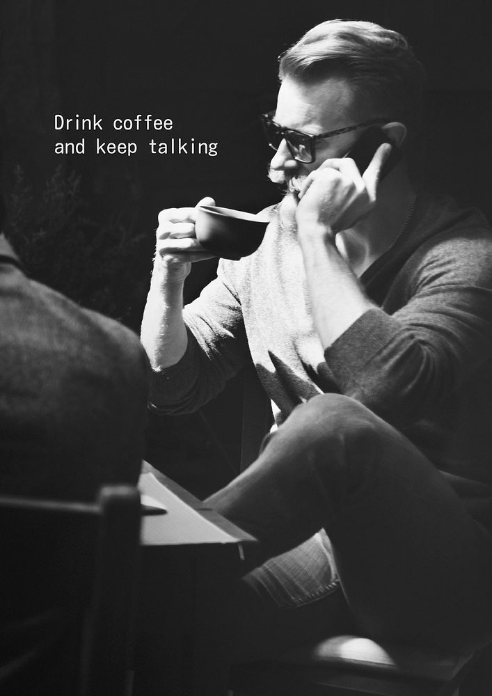 Coffee addict poster template, man having phone call photo vector