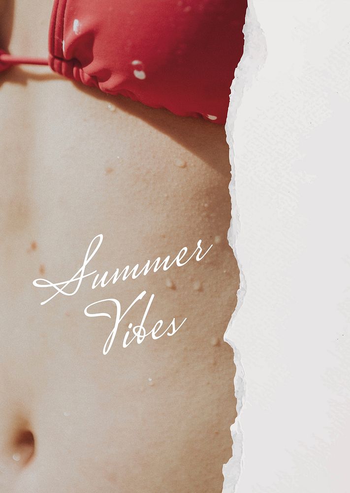 Summer vibes poster template, bikini woman closeup photo vector