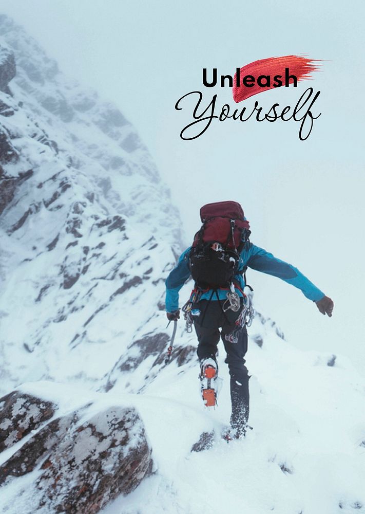 Mountain hiking poster template, unleash yourself quote psd