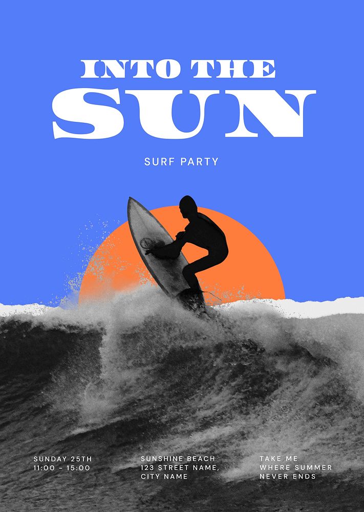 Surfing aesthetic poster editable template, sunset remix psd