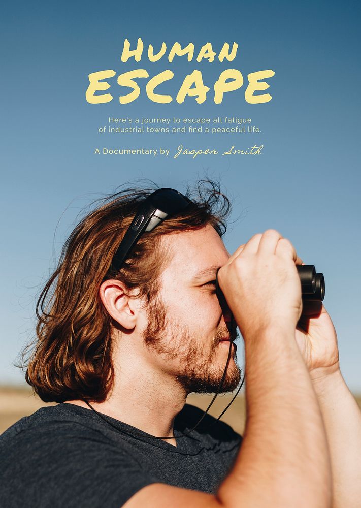 Travel aesthetic poster editable template, man using binoculars psd