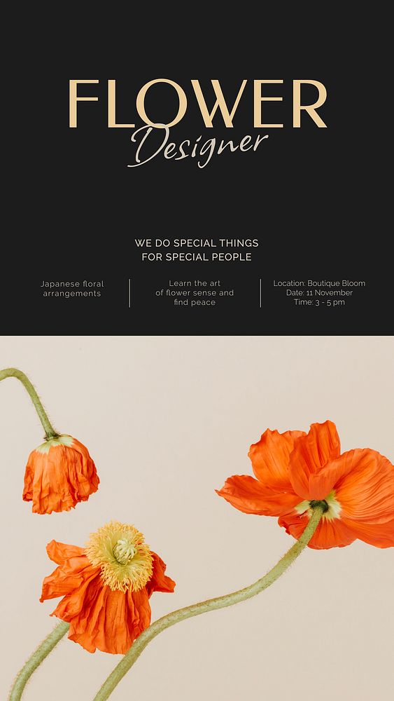 Flower designer Instagram story template,  event advertisement vector