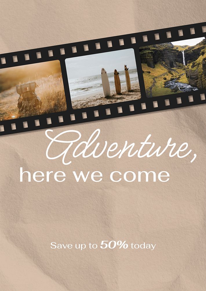Adventure film strip poster template,  travel design  vector