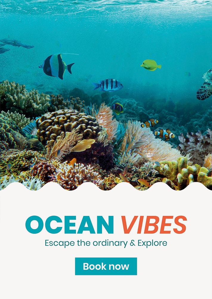 Ocean adventures poster template,  summer travel psd