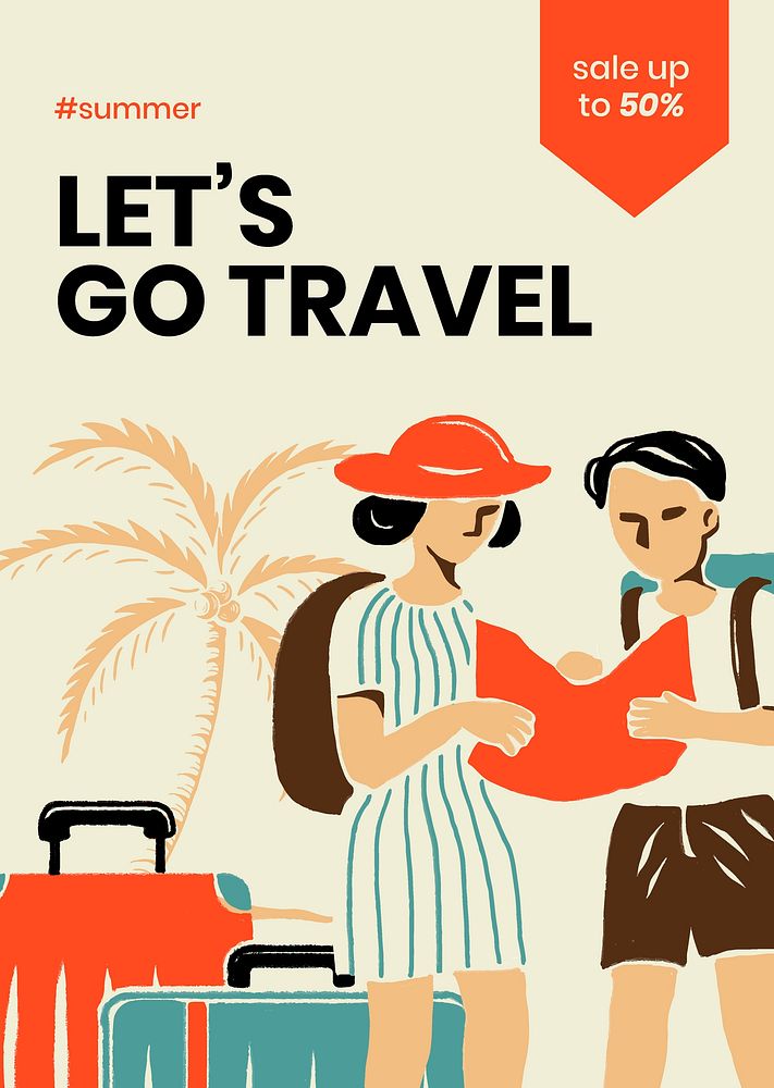Retro travel poster template,  summer vacation psd