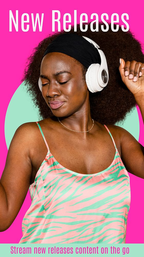 Music Instagram story template, African American woman, vector