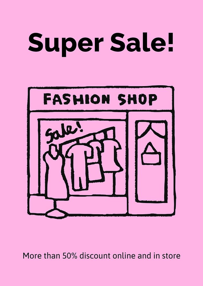 Fashion sale poster template, cute doodle psd