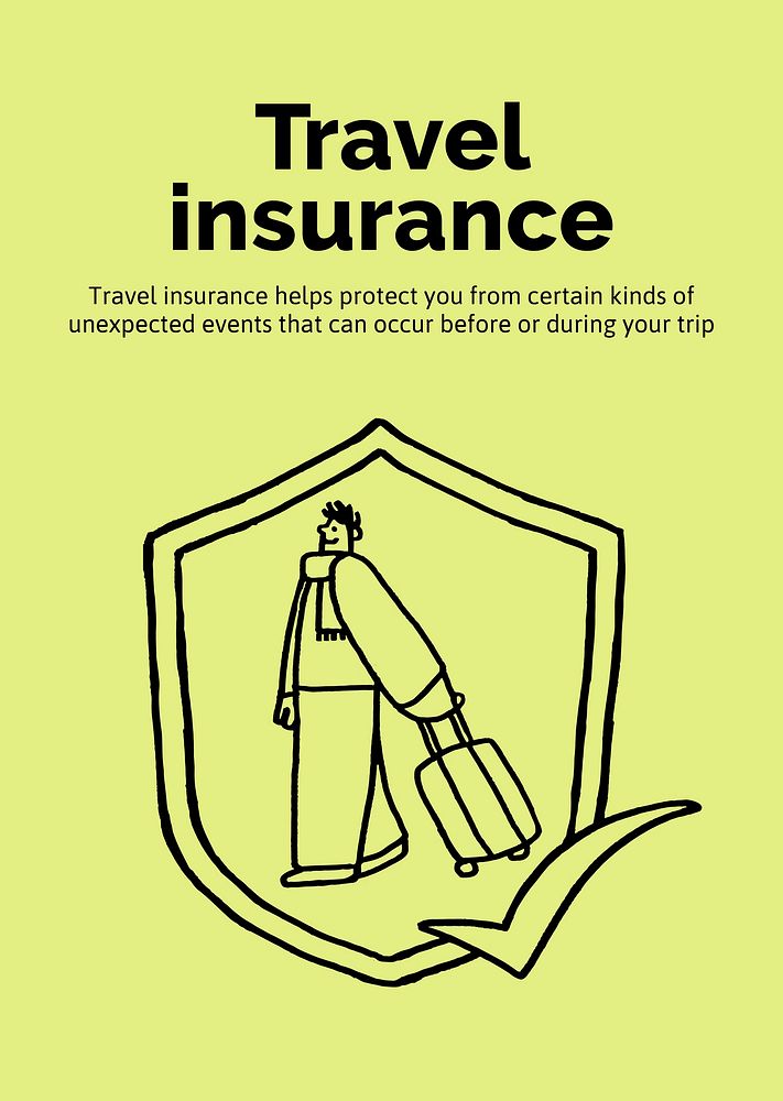 Travel insurance poster template, cute doodle psd