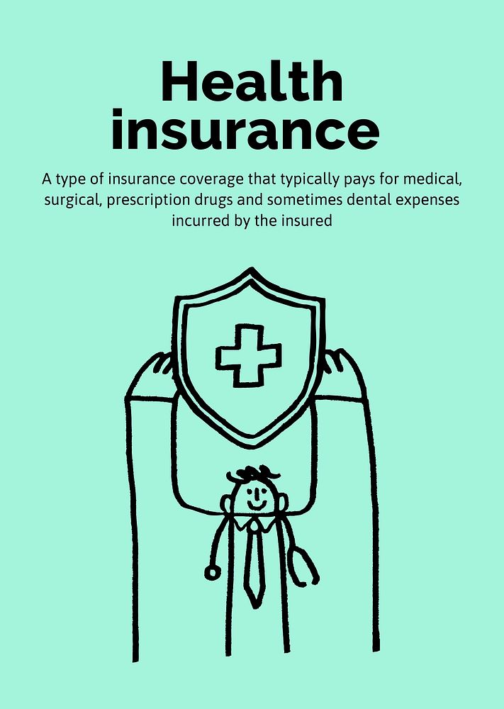 Health insurance poster template, cute doodle psd