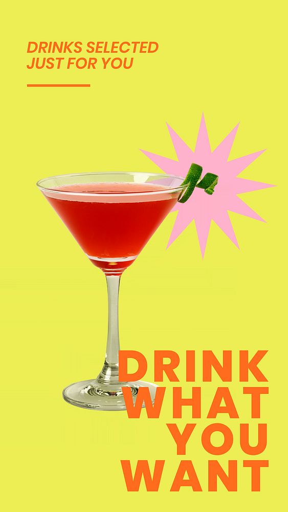 Colorful cocktail Instagram story template, drink what you want vector