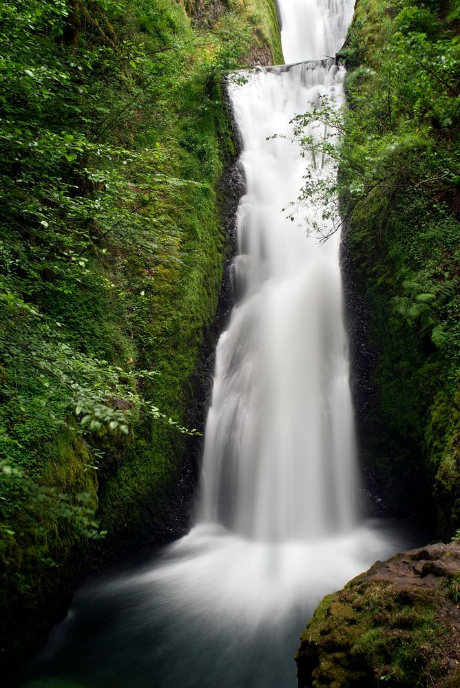 A frothy waterfall cascading down from a mossy rock face. Original public domain image from Wikimedia Commons