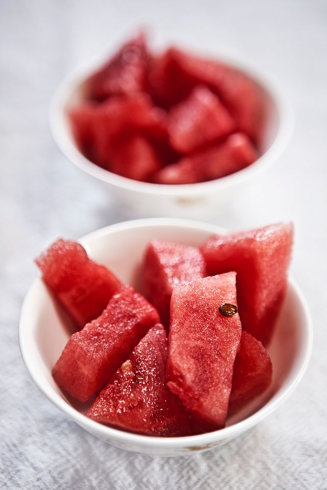 Cups of cut watermelon for a healthy snack. Original public domain image from Wikimedia Commons