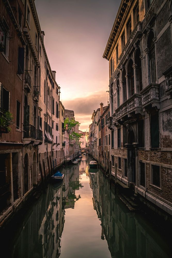 Buildings reflected in the still surface of the water in a tranquil Venice canal. Original public domain image from…