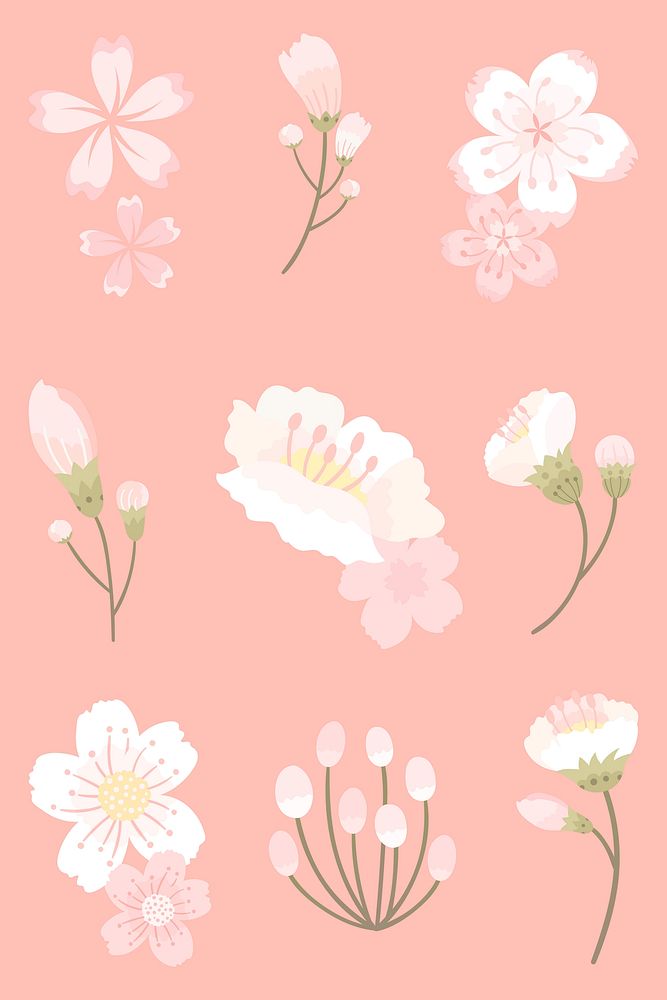 White cherry blossom sticker vector flower element set