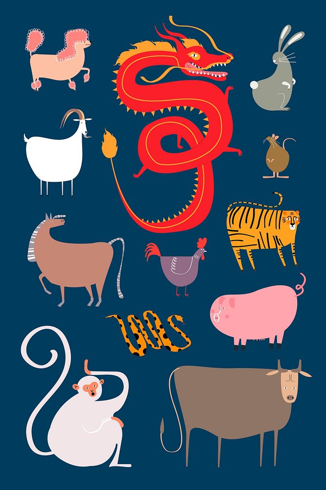 Chinese zodiac animals on blue background set