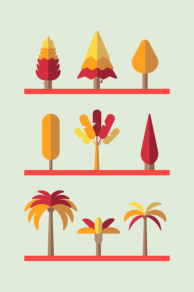 Orange botany flat tree collection on a rack vector