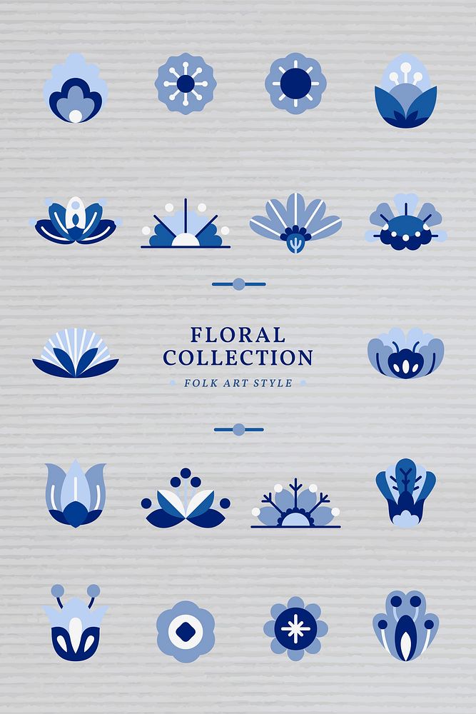 Blue folk art design elements vector set