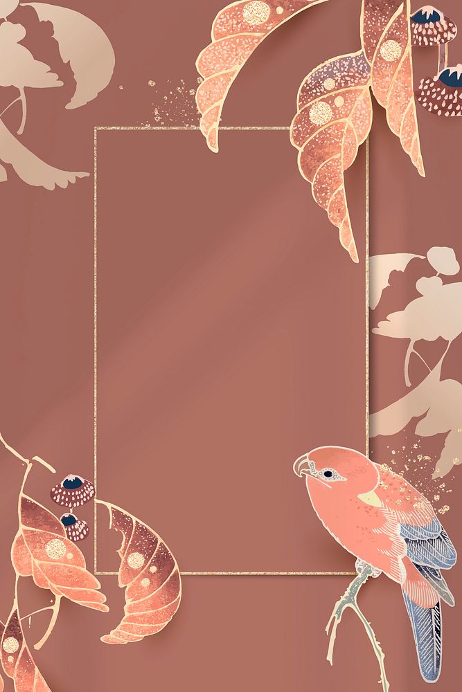 Gold frame with a parrot and leaf motifs on a warm sienna background vector