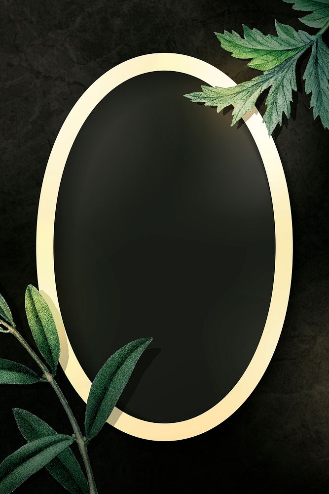 Oval gold frame with green leaves on black background vector