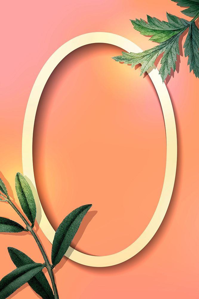 Oval gold frame with green leaves on orange background vector