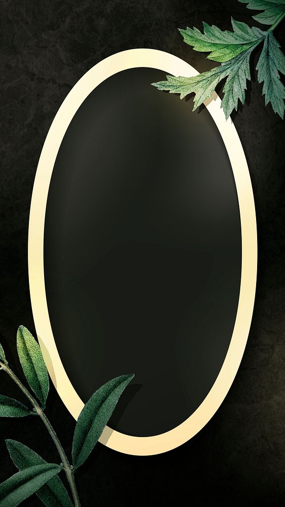 Oval gold frame with green leaves on black background vector