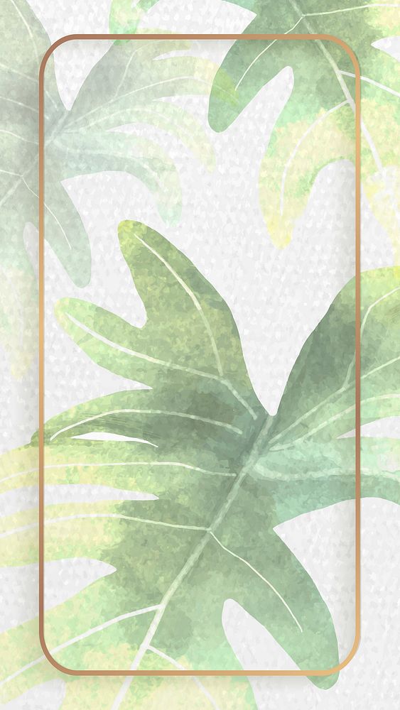 Gold frame with philodendron radiatum leaf pattern on white mobile phone wallpaper vector