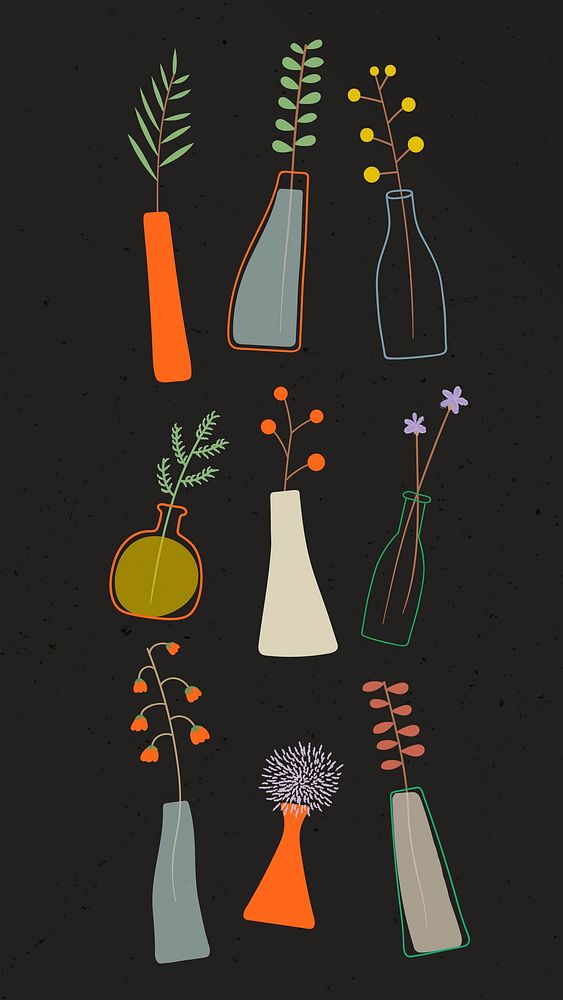 Colorful doodle flowers in vases pattern on black background mobile phone wallpaper vector