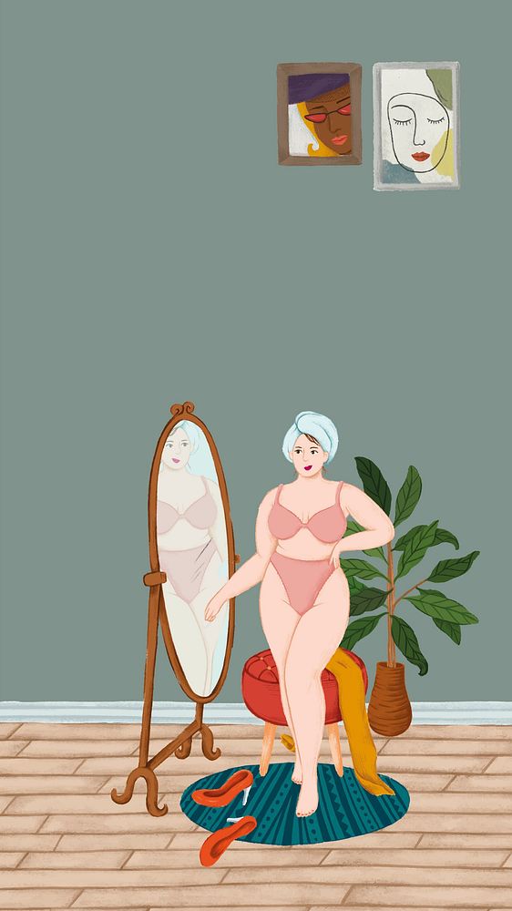 Girl in her underwear standing in front of a mirror sketch style mobile phone wallpaper vector