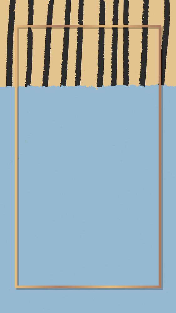 Gold frame on hand-drawn stripes patterned blue mobile phone wallpaper vector