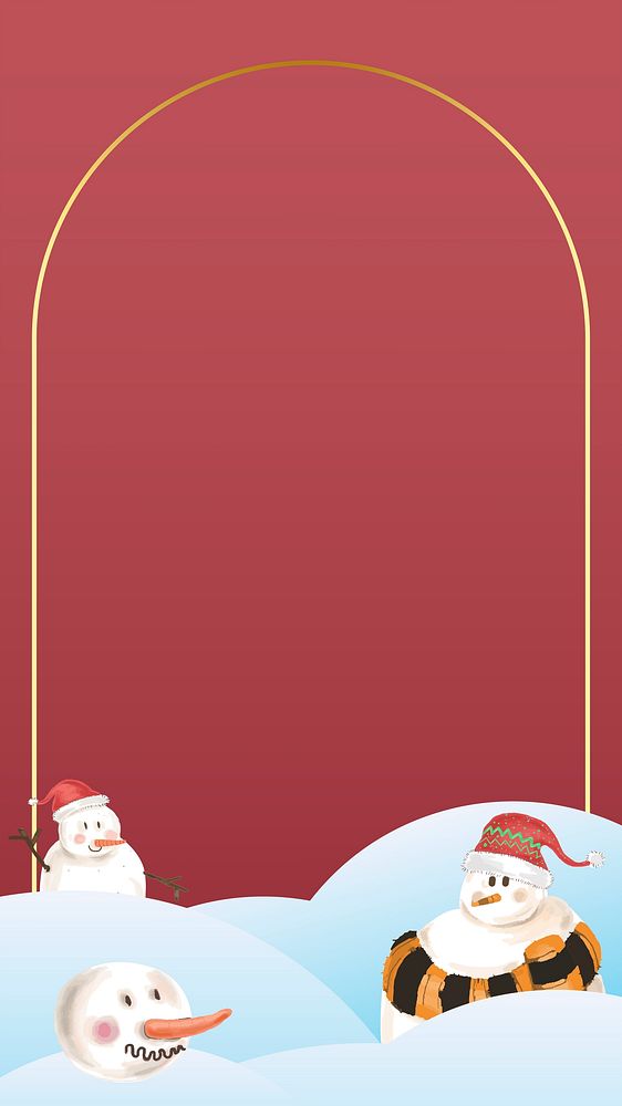 Gold frame with snowman pattern mobile phone wallpaper vector