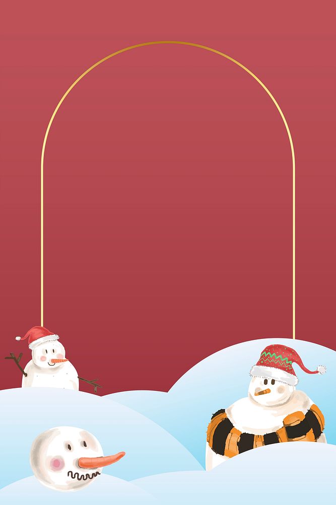 Gold frame with snowman pattern on red background vector
