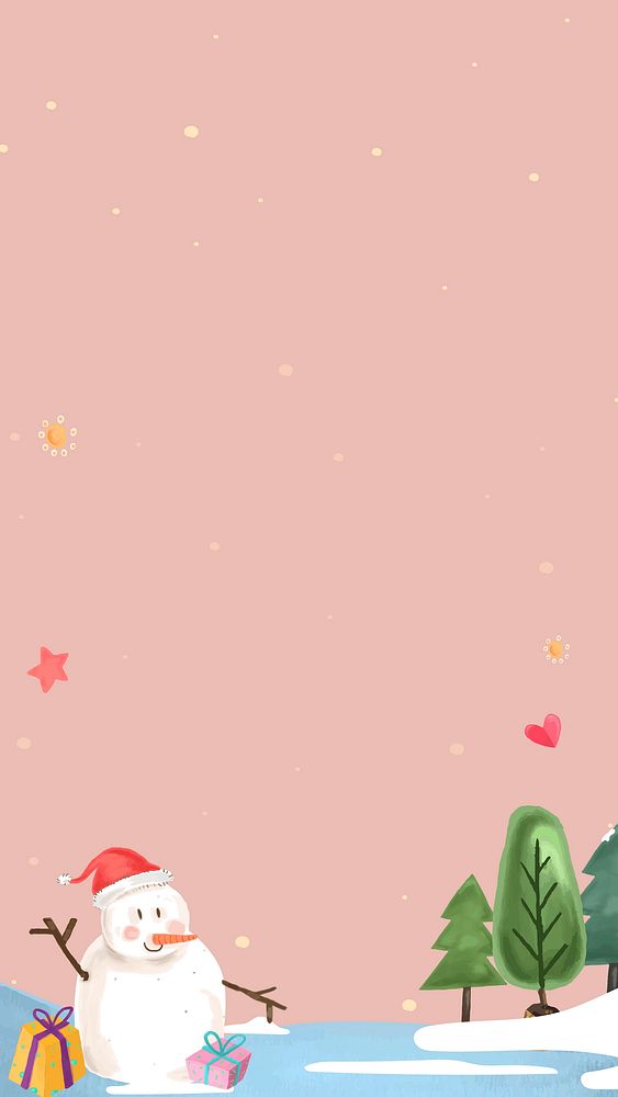 Cute snowman in a forest on pink background mobile phone wallpaper vector