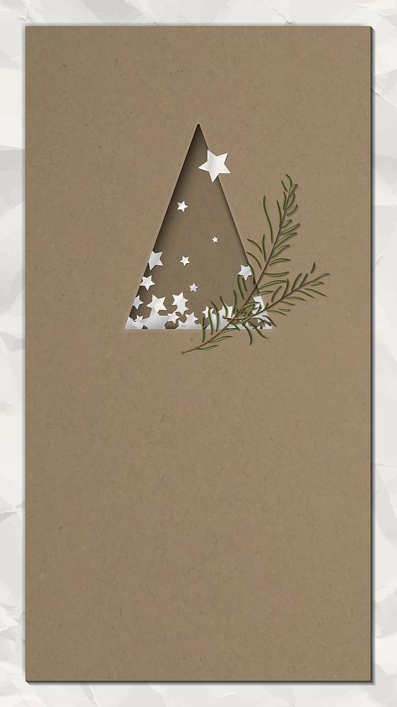 Paper cut Christmas tree with leaves greeting card design mobile phone wallpaper vector
