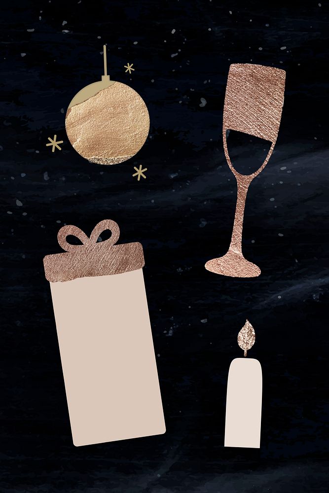 New Year pillar candle, wine glass, gift box and gold ball doodle on black textured background vector