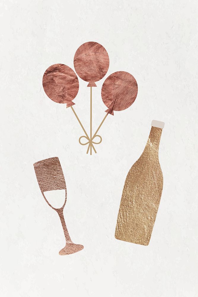 New Year balloons, wine glass, and wine bottle doodle on textured background vector