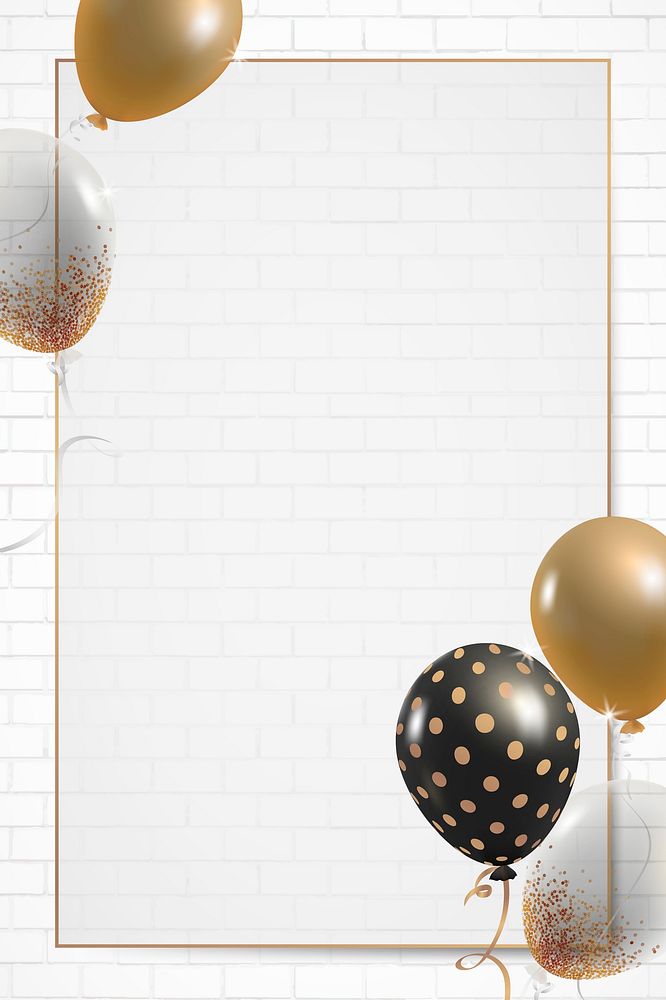 New year party balloons psd frame with brick background