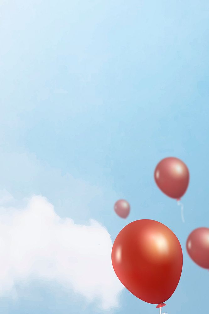 Blue sky background psd with flying red balloons