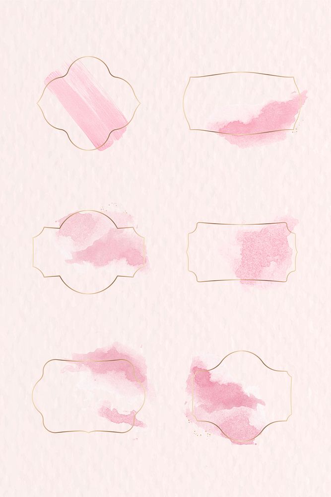 Gold badge with pink watercolor paint set illustration