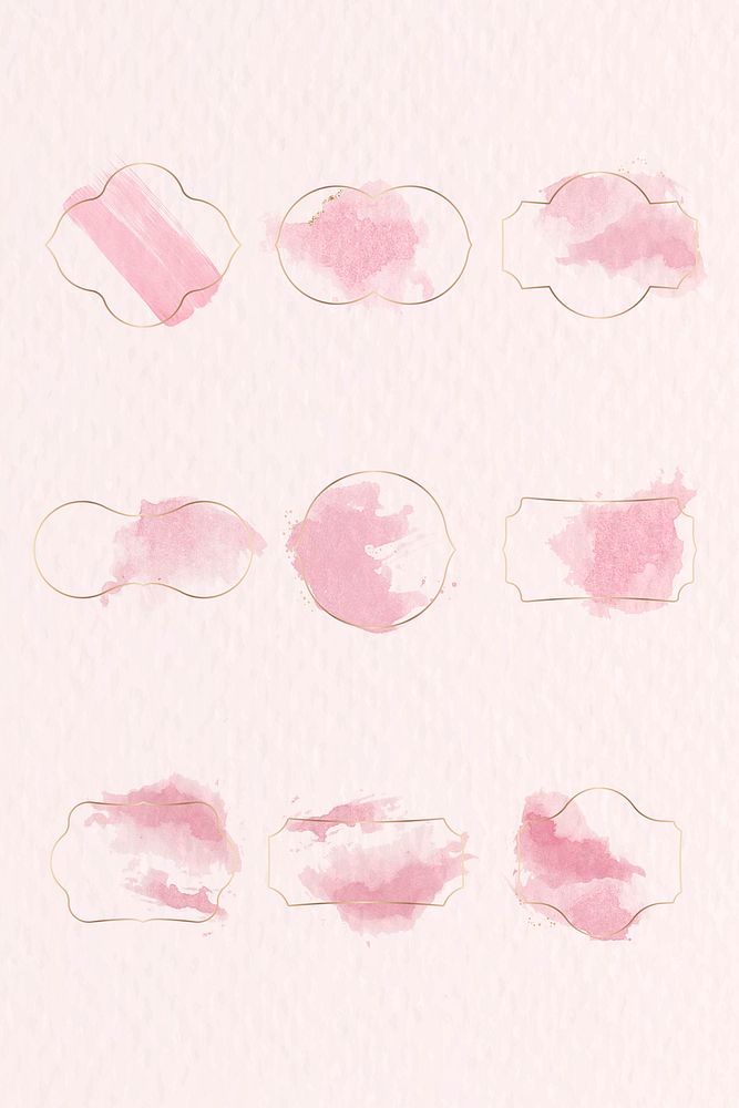 Gold badge with pink watercolor paint set vector