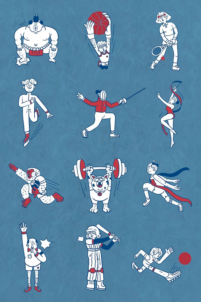 Athletes doodle character collection illustration