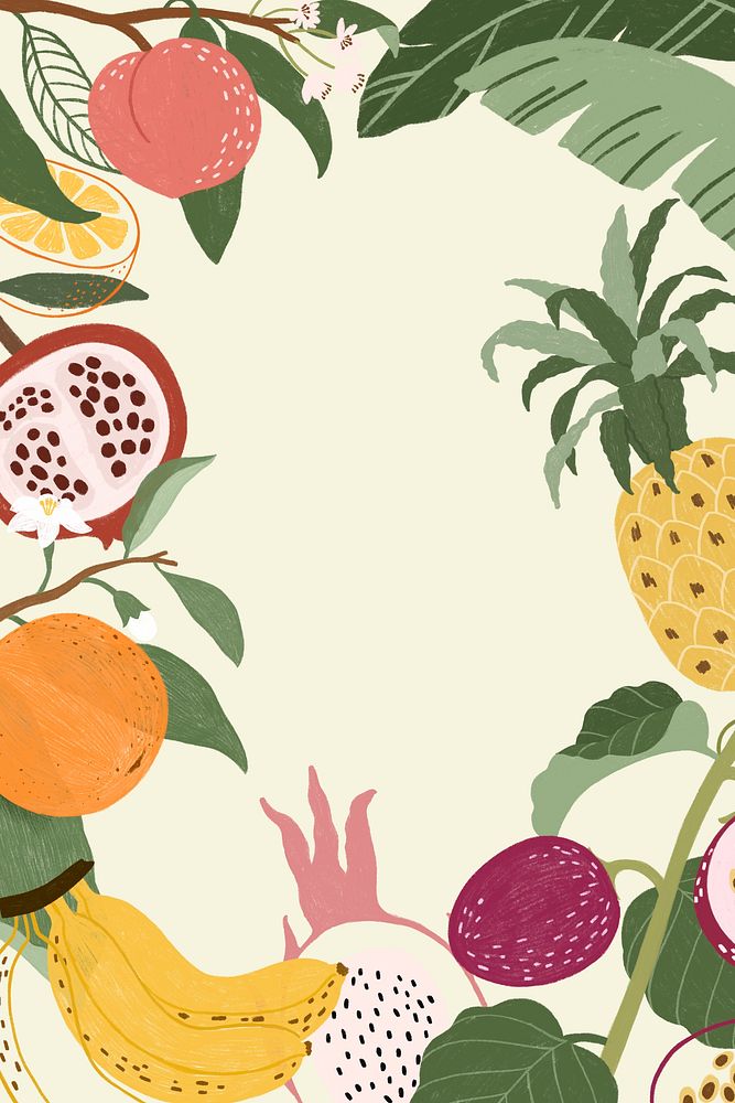 Hand drawn tropical fruit frames wallpaper mockup