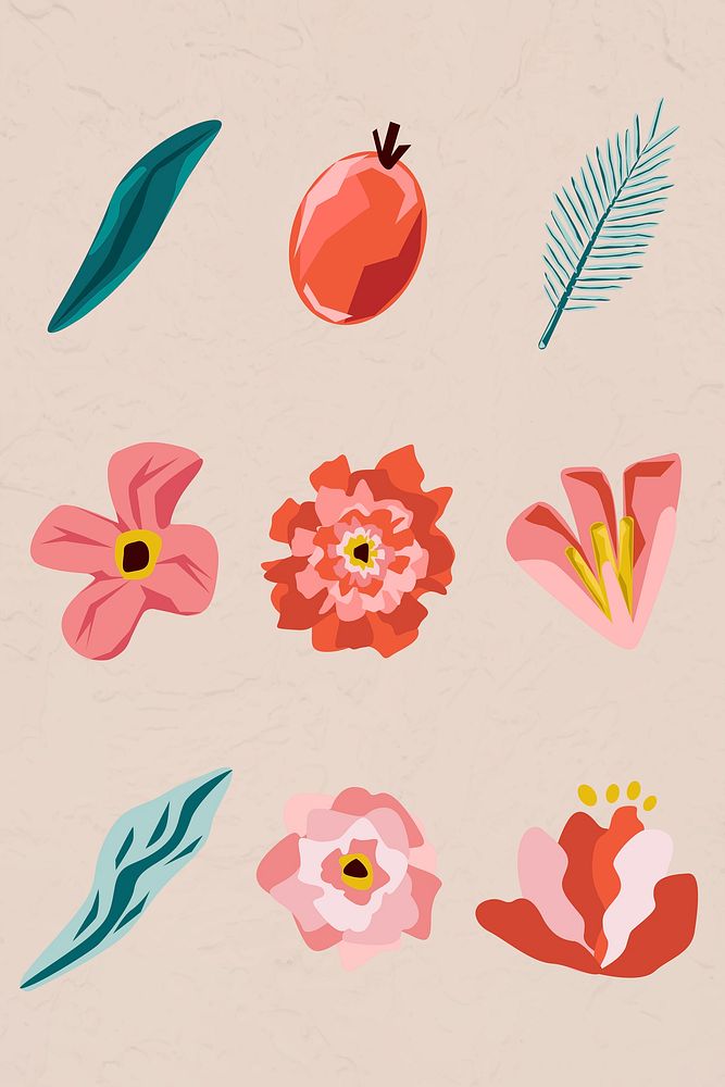 Pink flowers and leaves element set on a beige background vector