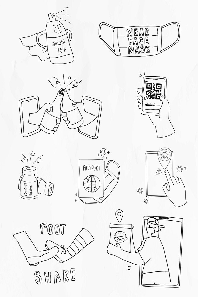COVID-19 new normal lifestyle vector cute black doodle character collection